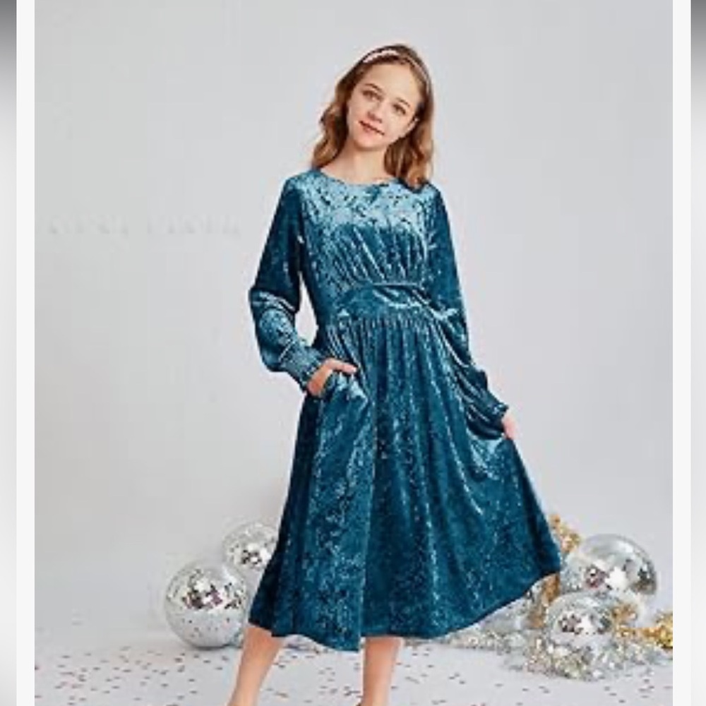 Girls Long Sleeve Teal Velvet Dress Midi size 6